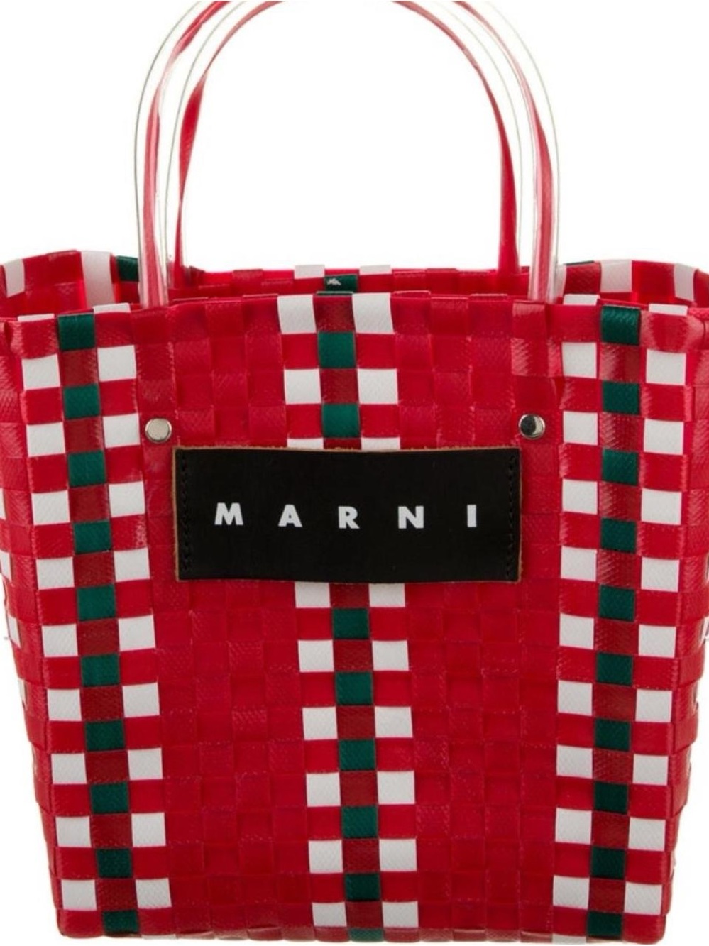 Marni Red Woven Tote with White and Green Check Trim